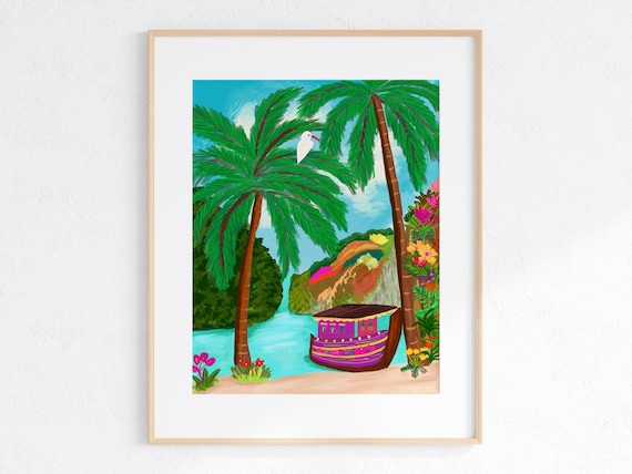 Phi Phi Thailand Palm Trees Longtail Boat Cove Travel Poster