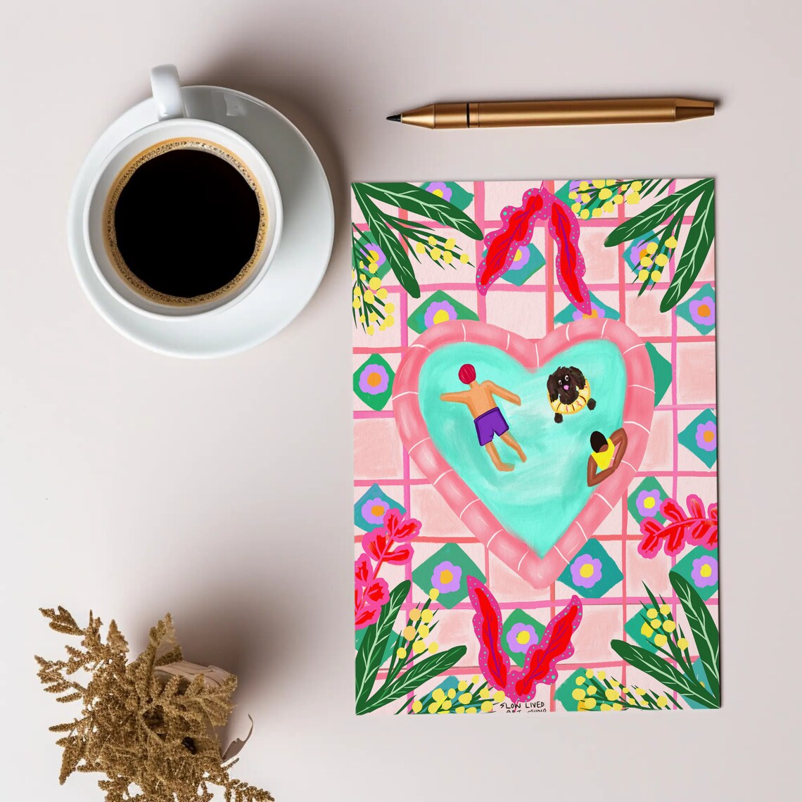 Whimsical Heart Shaped Pool Couple Dog Pink Aerial Art Poster - Image 5
