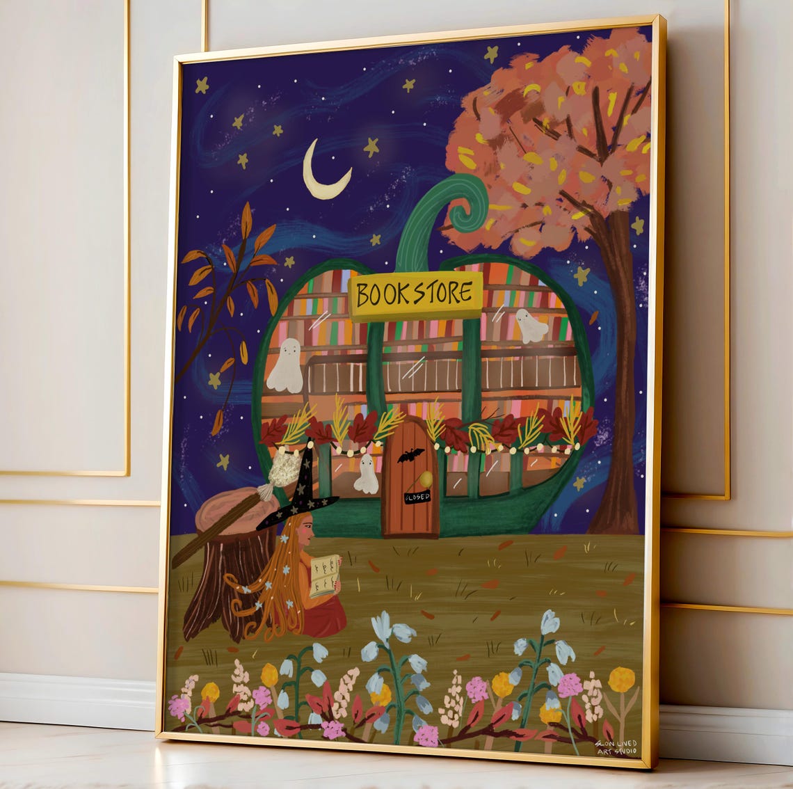 Spooky Halloween Pumpkin Bookstore Witch Night Book Nook Art Print - Image 2