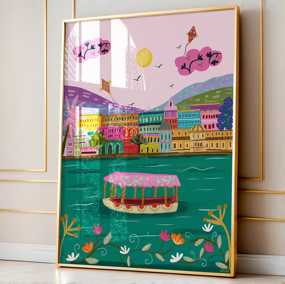 Colorful Indian Lakeside City Pink Sky Boat Palace Art Print - Image 2