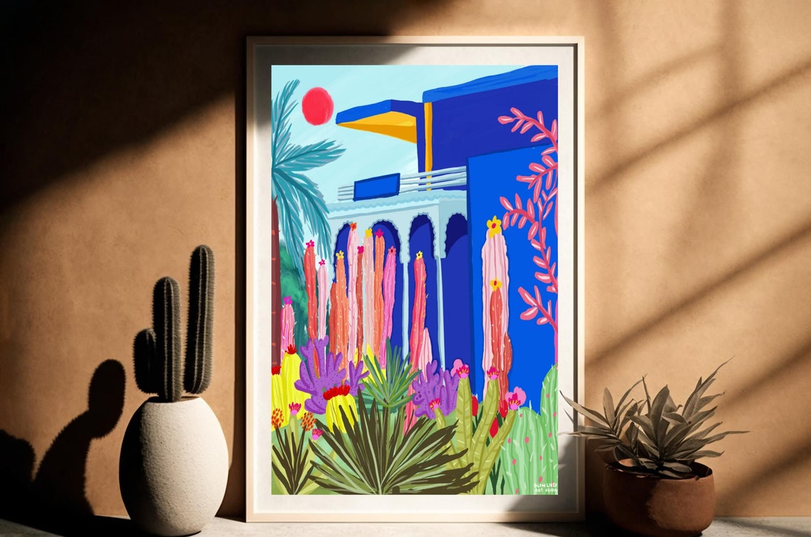 Majorelle Garden Marrakech Cobalt Blue Villa Cactus Art Print - Image 4
