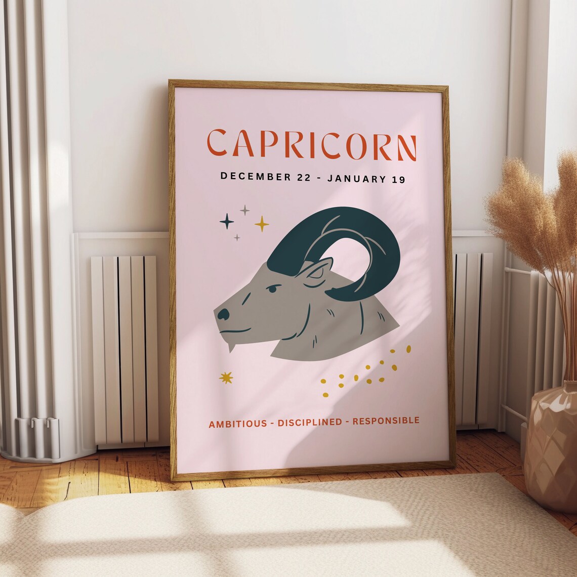 Capricorn Zodiac Goat Pink Horoscope Birthday Gift Art Poster