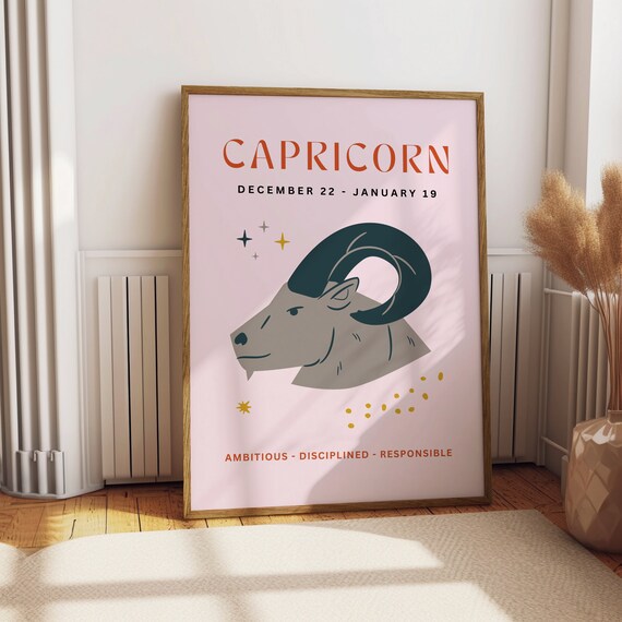 Capricorn Zodiac Goat Pink Horoscope Birthday Gift Art Poster