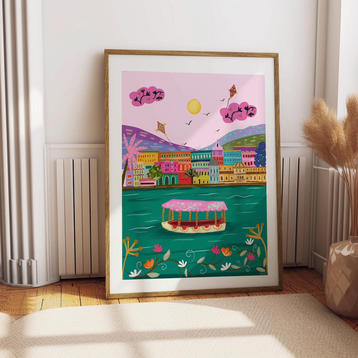 Colorful Indian Lakeside City Pink Sky Boat Palace Art Print - Image 5