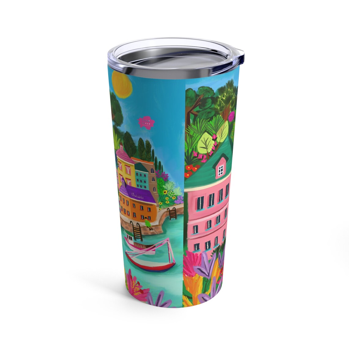 Colorful Fishing Harbor Village Travel Tumbler Lid Cup Print - Image 3
