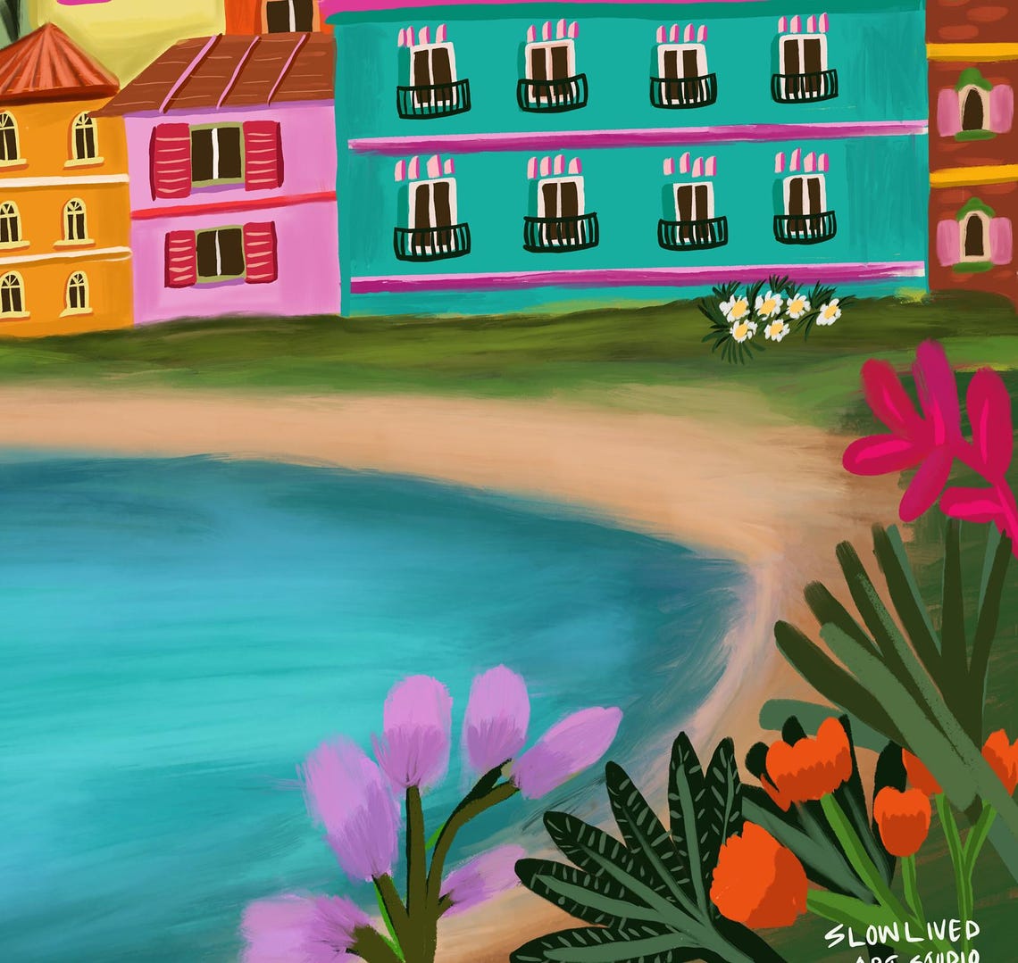 Colorful French Mediterranean Village Cove Windmill Hills Art Print - Image 2
