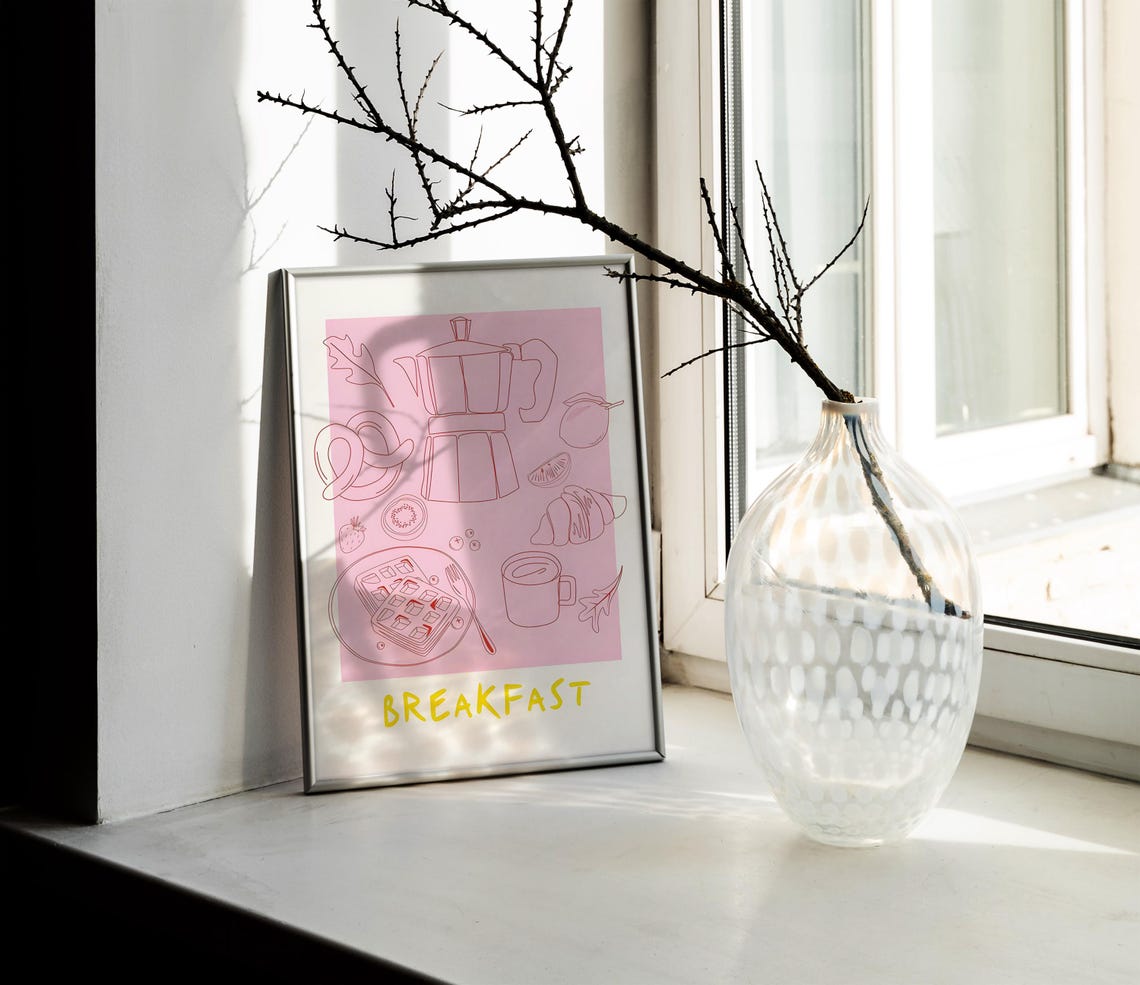 Pink Breakfast Spread Moka Pot Croissant Waffle Kitchen Art Poster - Image 2