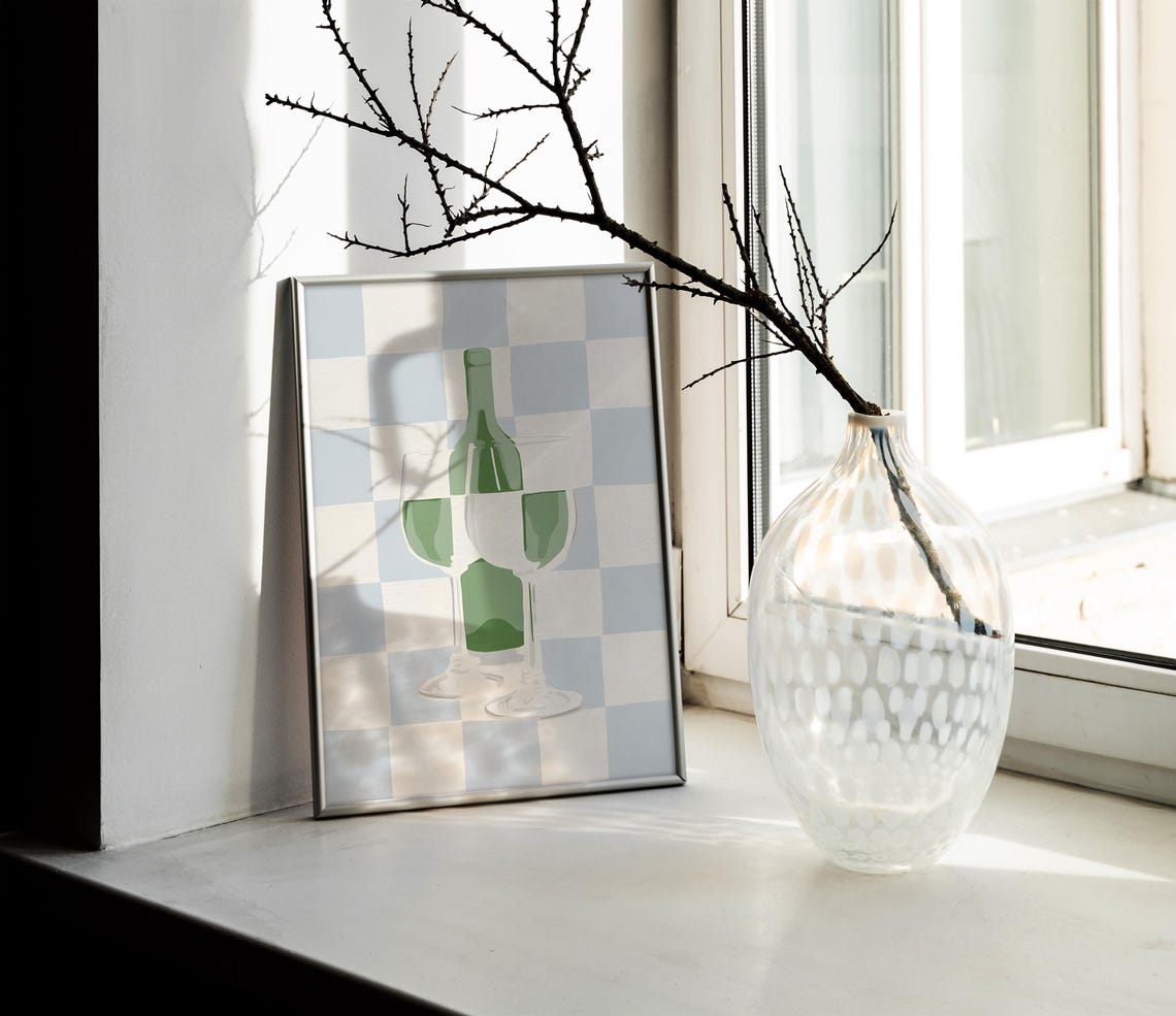 Minimalist Wine Bottle And Two Glasses Checkerboard Kitchen Poster - Image 2