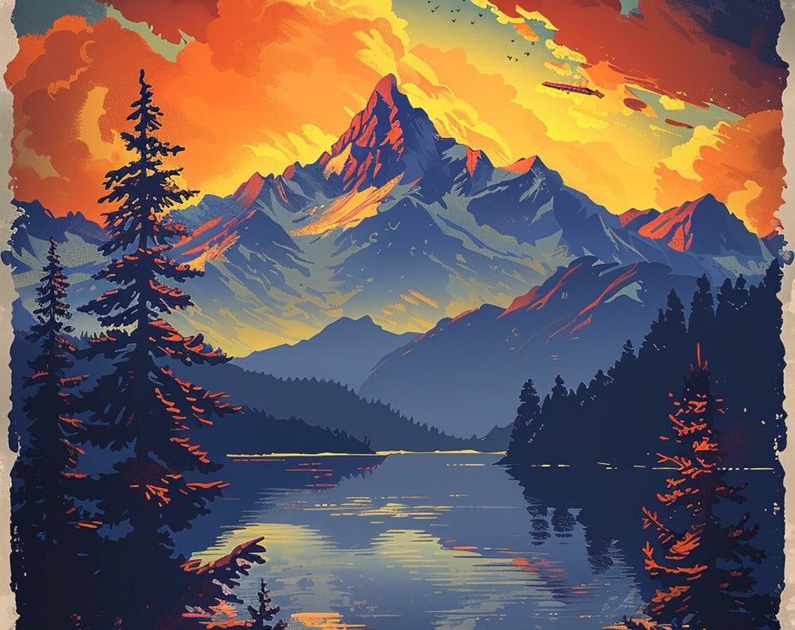 Swiss Alps Mountain Lake Under a Fiery Sunset Sky Art Poster