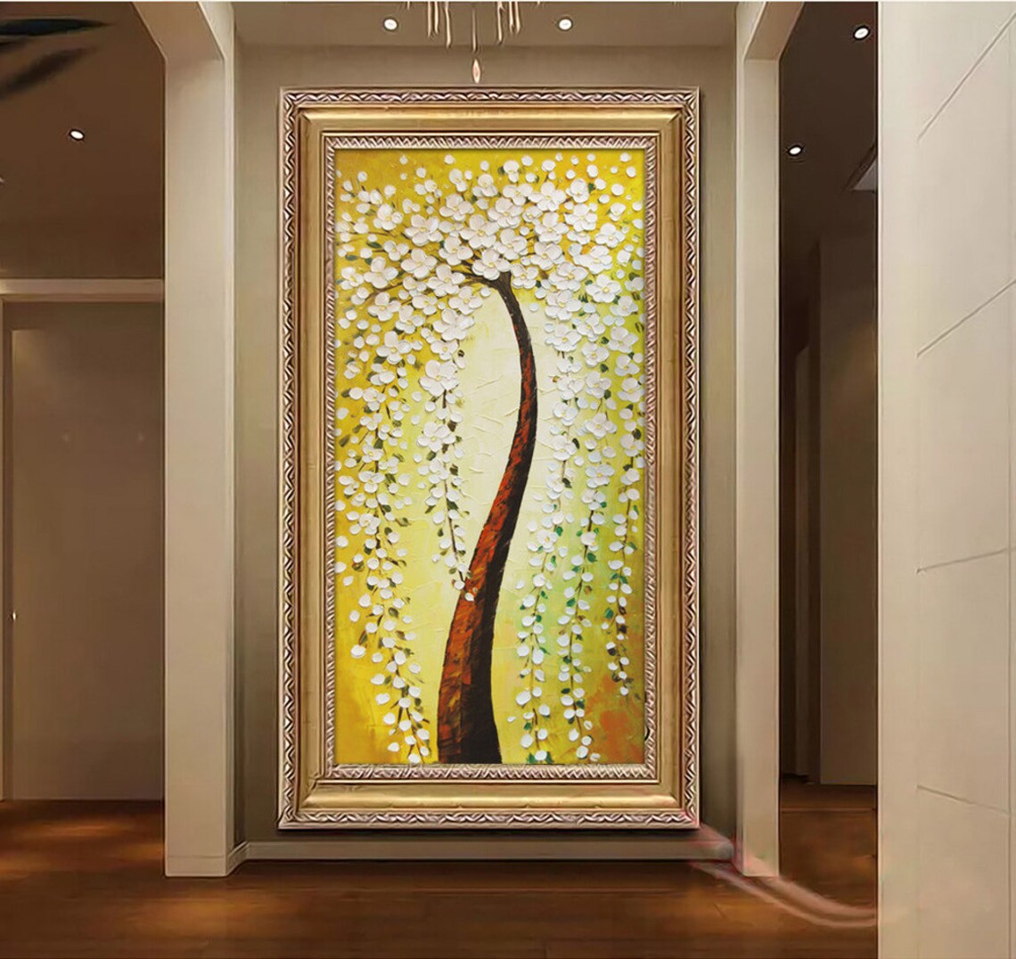 White Weeping Blossom Tree On Radiant Gold Canvas Oil Poster - Image 4