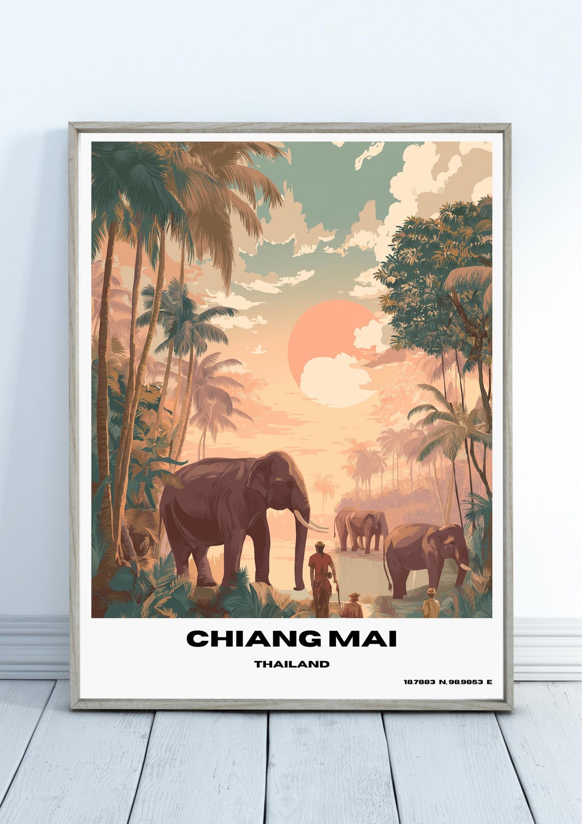 Chiang Mai Travel Poster Elephant Thailand Print Wall Art Animal Retro Decor