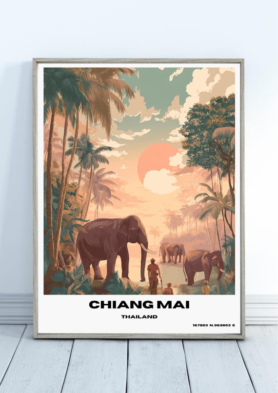 Chiang Mai Travel Poster Elephant Thailand Print Wall Art Animal Retro Decor