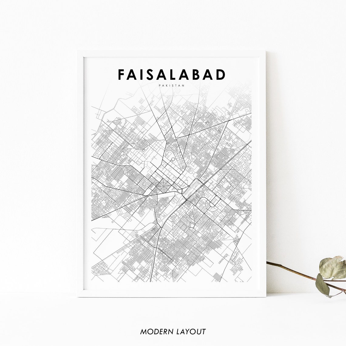 Faisalabad Pakistan City Map Modern Black Line Art Map Poster