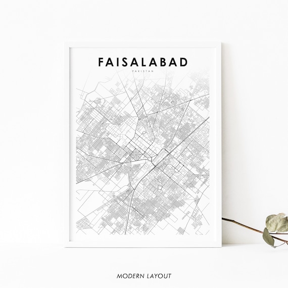 Faisalabad Pakistan Map Print Art Poster Lyallpur Punjab City Street Road Nursery Room Wall Office Decor