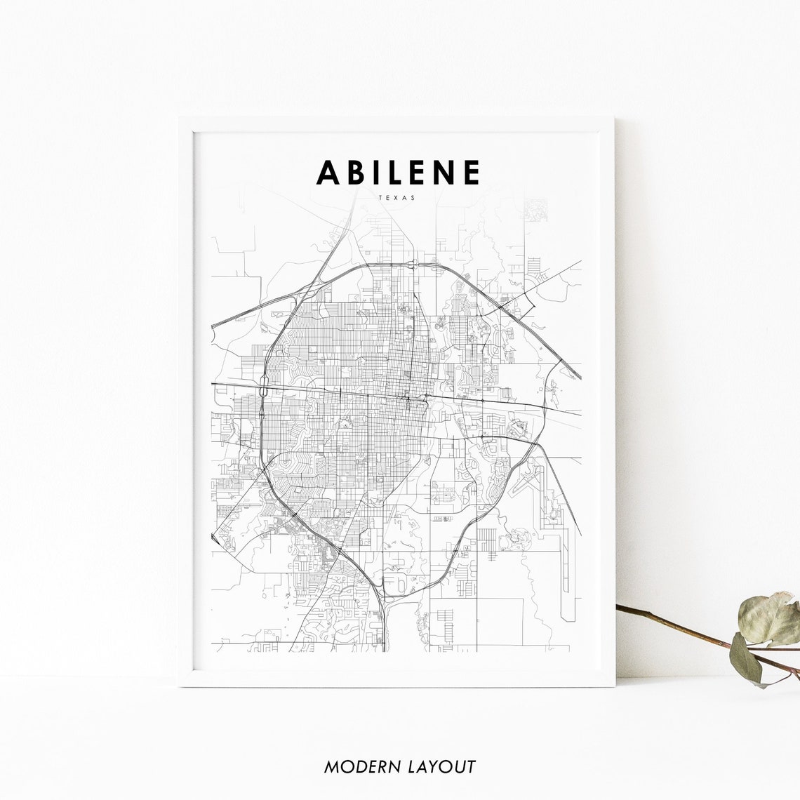 Abilene Texas Modern Black and White City Street Map Art Poster