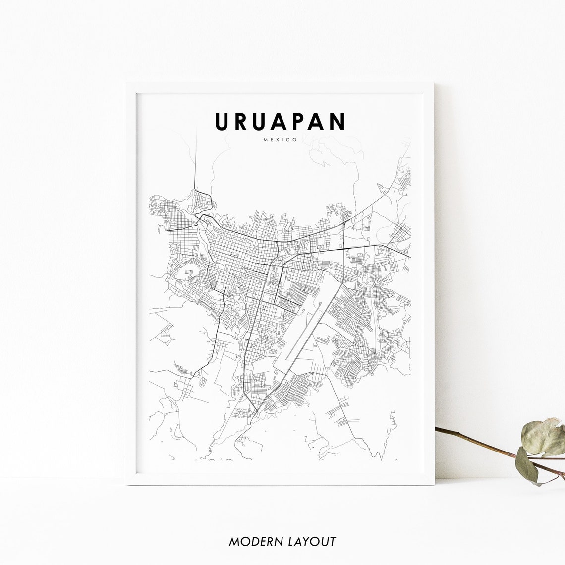 Uruapan Mexico Minimalist City Street Map Black White Line Poster