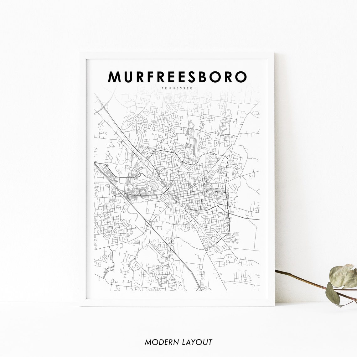 Murfreesboro Tennessee Minimalist Black White City Map Wall Art