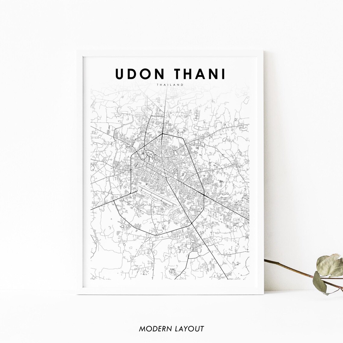 Udon Thani Thailand Modern Minimalist Black White City Street Map Poster