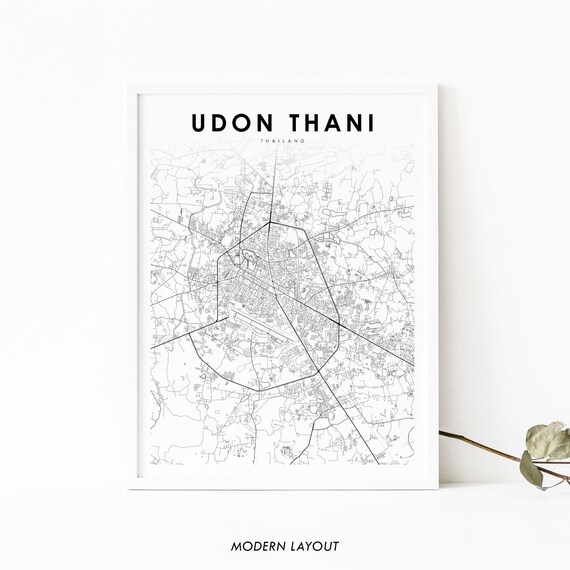 Udon Thani Thailand Modern Minimalist Black White City Street Map Poster