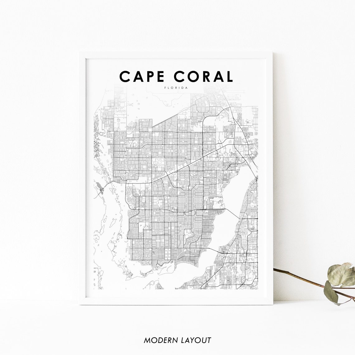Cape Coral Florida Black Minimalist City Street Map Art Print