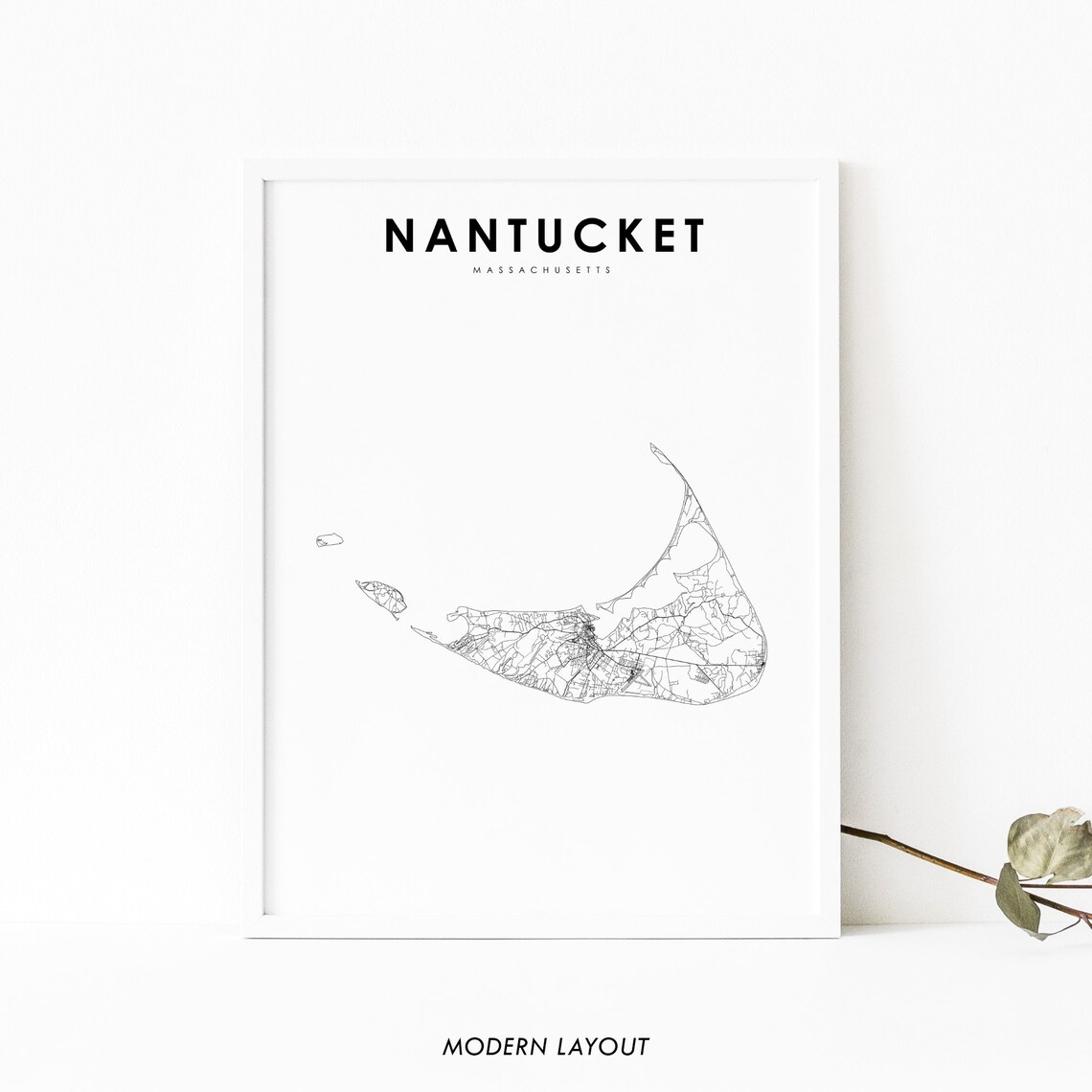 Nantucket Massachusetts Minimalist City Map Poster in Modern Black and White
