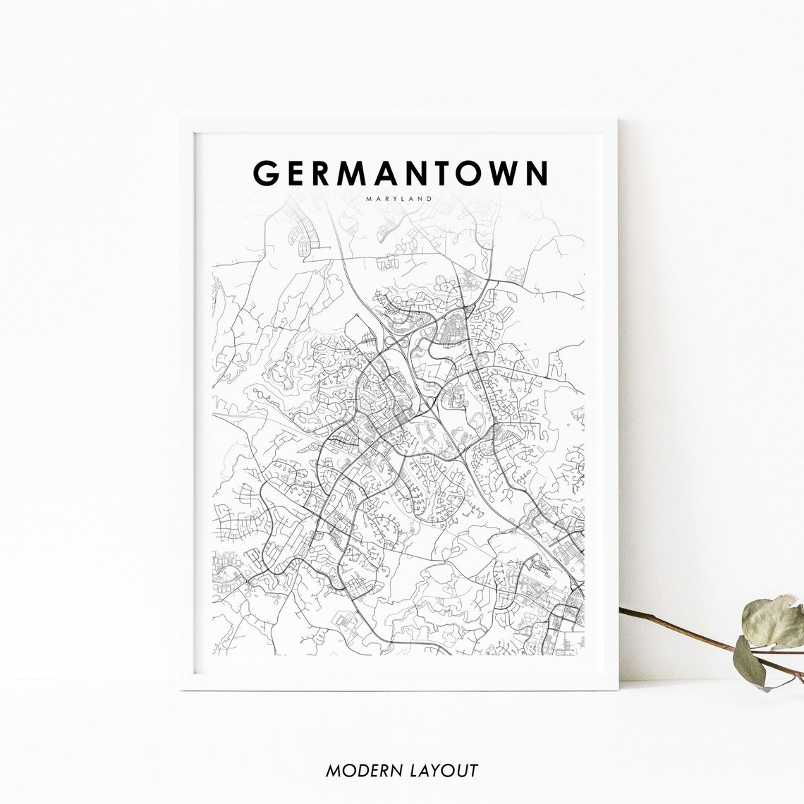 Germantown Maryland Minimalist City Street Map Black White Poster