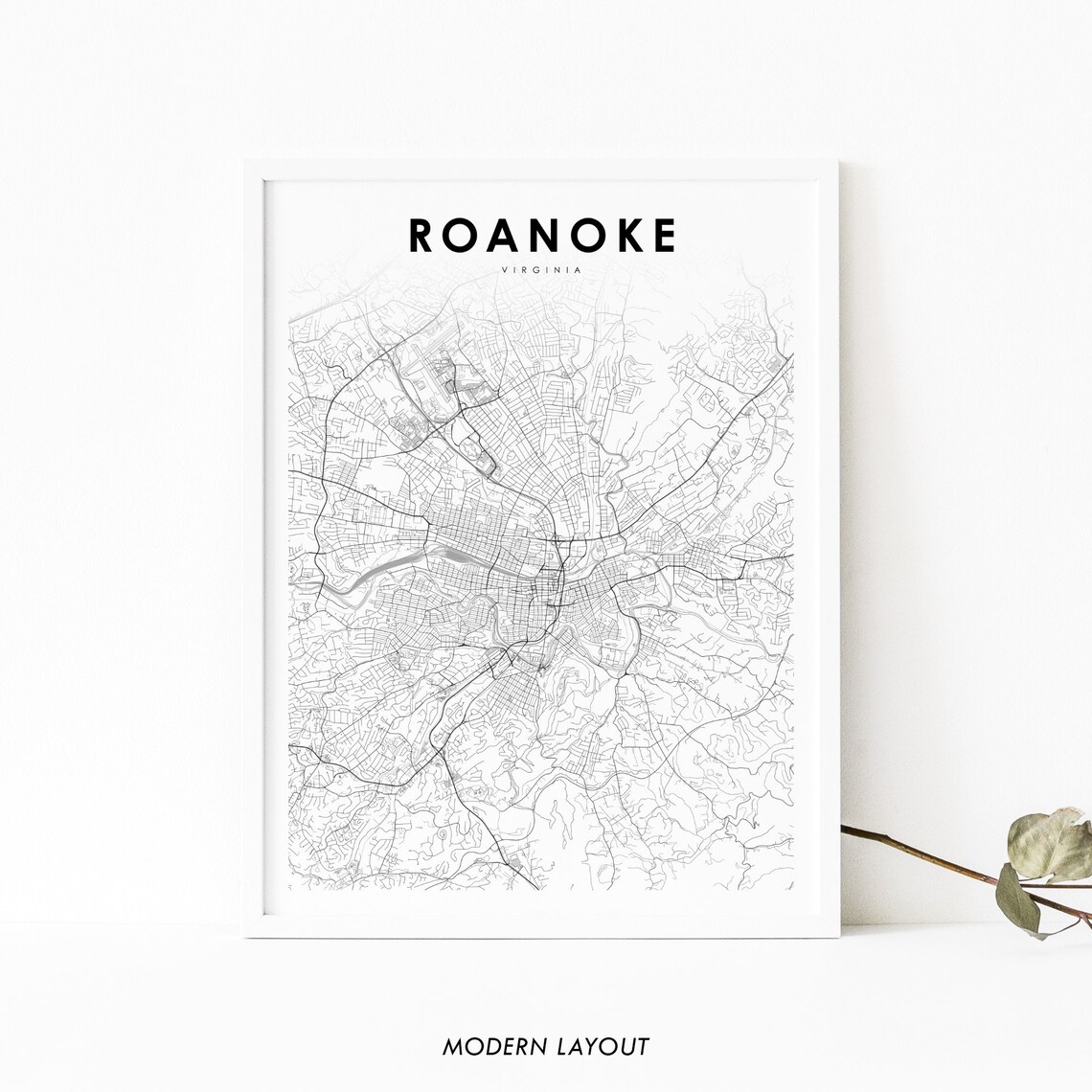 Roanoke VA Map Print, Virginia City Poster