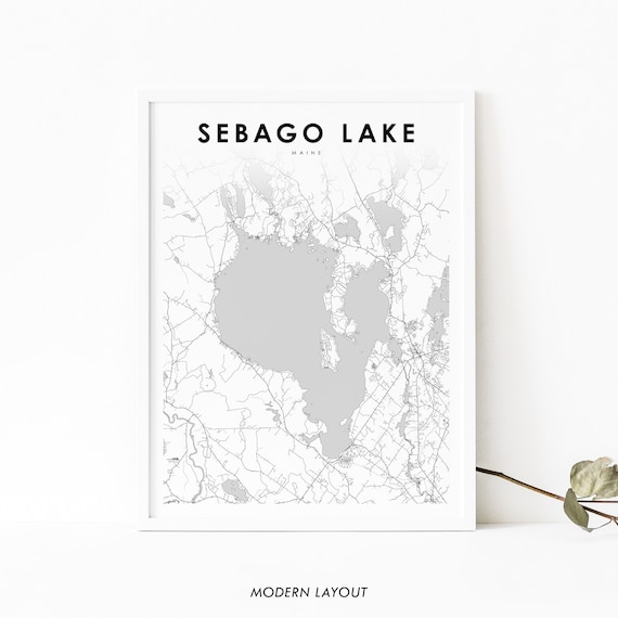 Sebago Lake Maine Black and White Lake Map Art Print Wall Decor