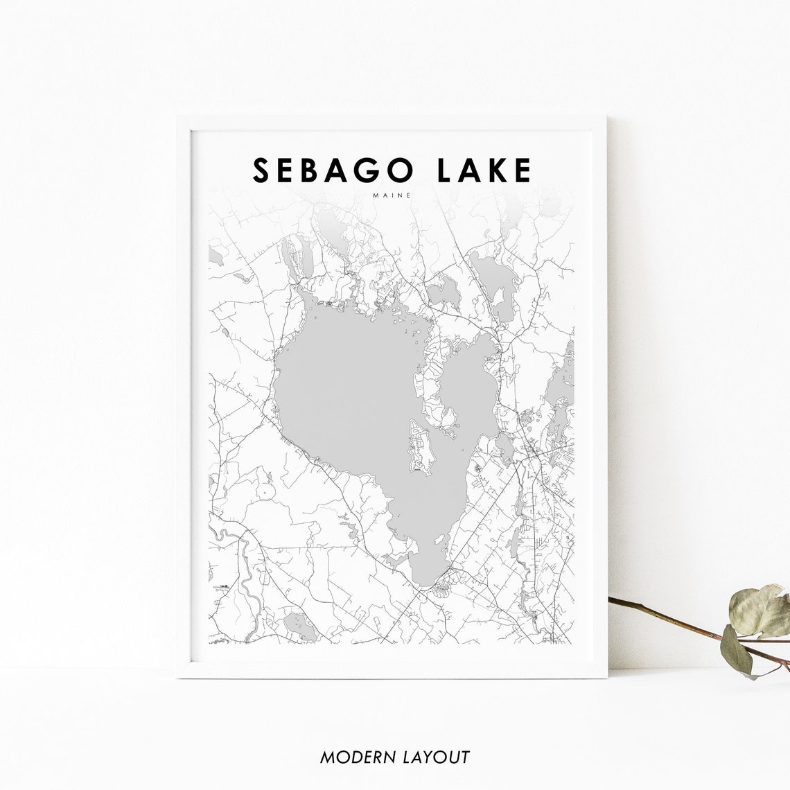 Sebago Lake Maine Black and White Lake Map Art Print Wall Decor