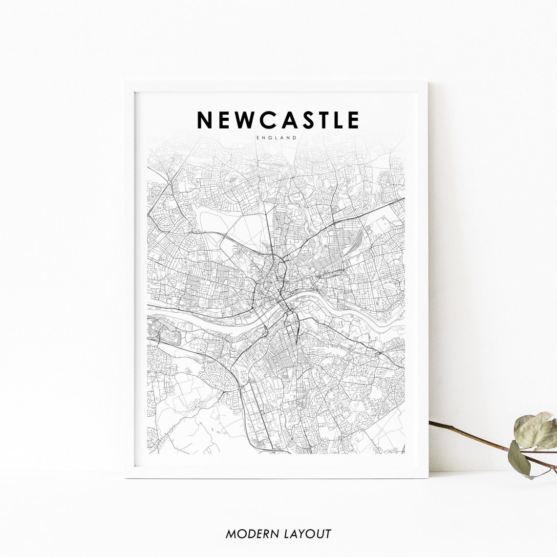 Newcastle England Minimalist City Map Black And White Poster