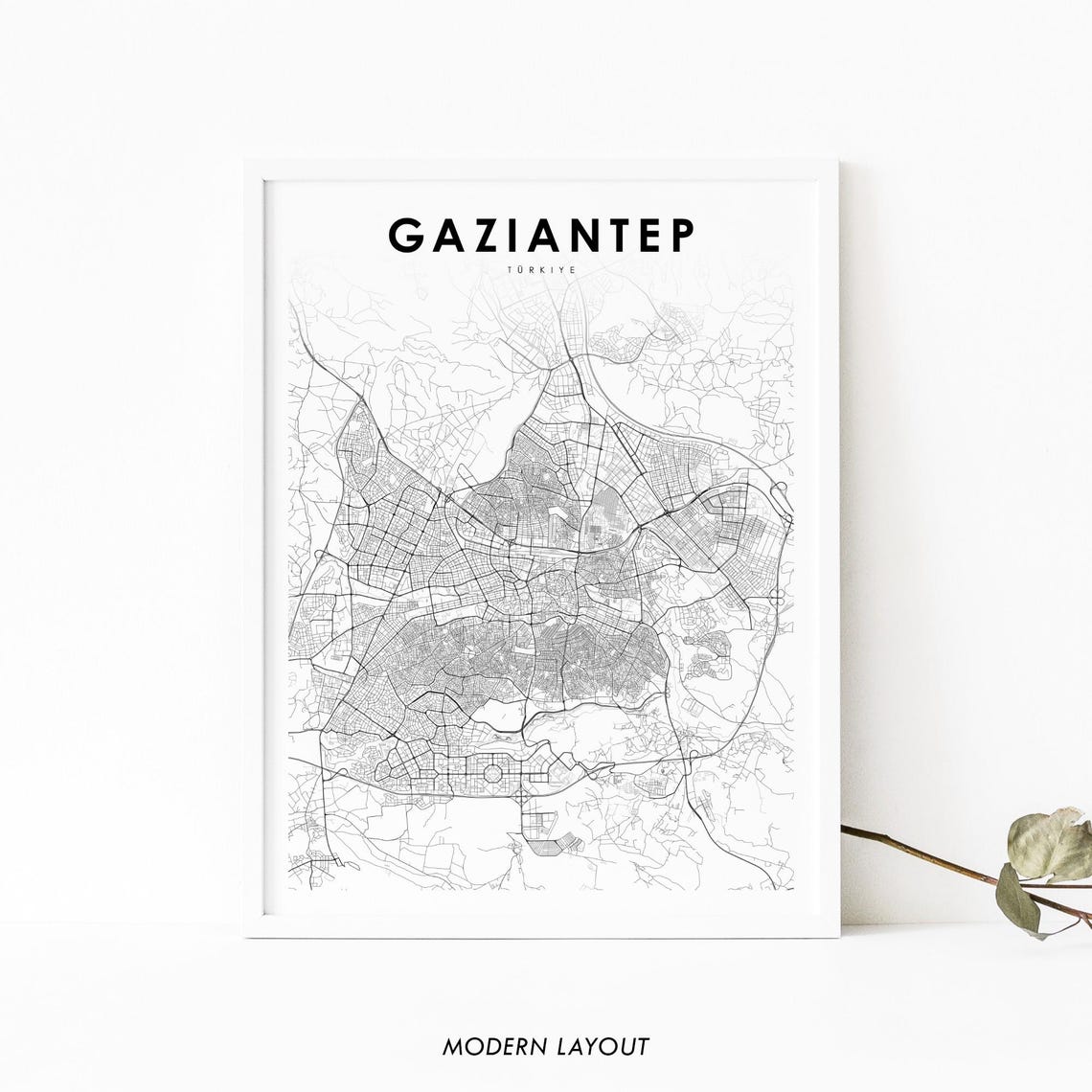 Gaziantep Turkiye Minimalist Black and White City Map Poster
