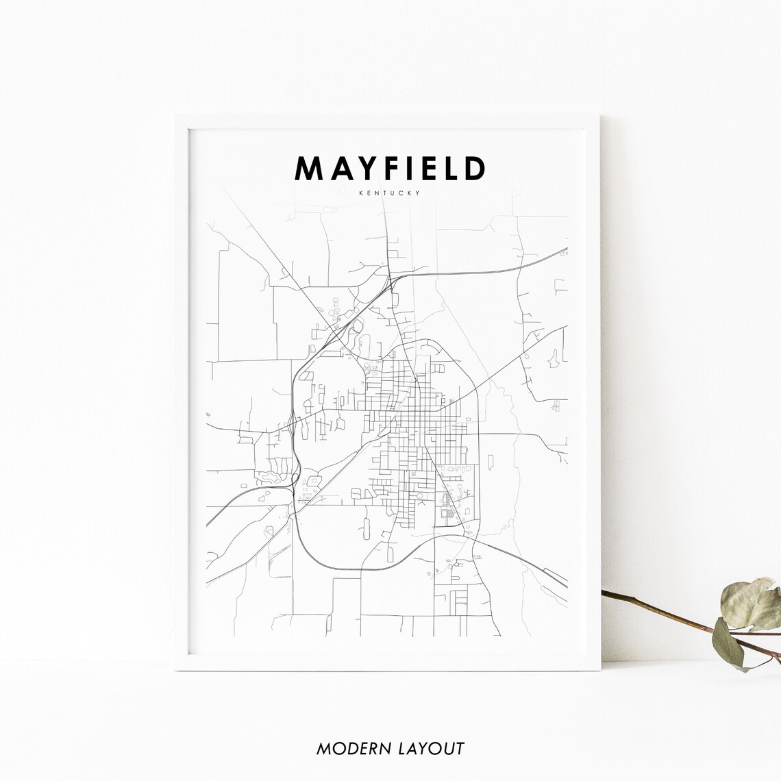 Mayfield Kentucky Minimalist City Street Map Black White Line Art Poster