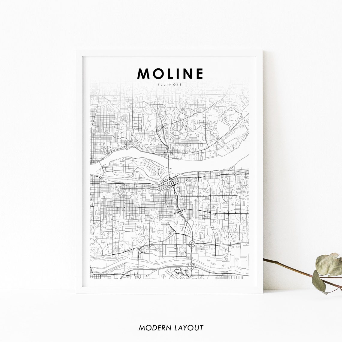 Moline Illinois Street Map Modern Minimalist City Map Wall Art