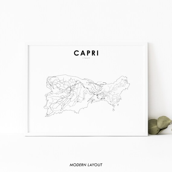 Capri Island Italy Minimalist Line Art Map Modern Black White Poster