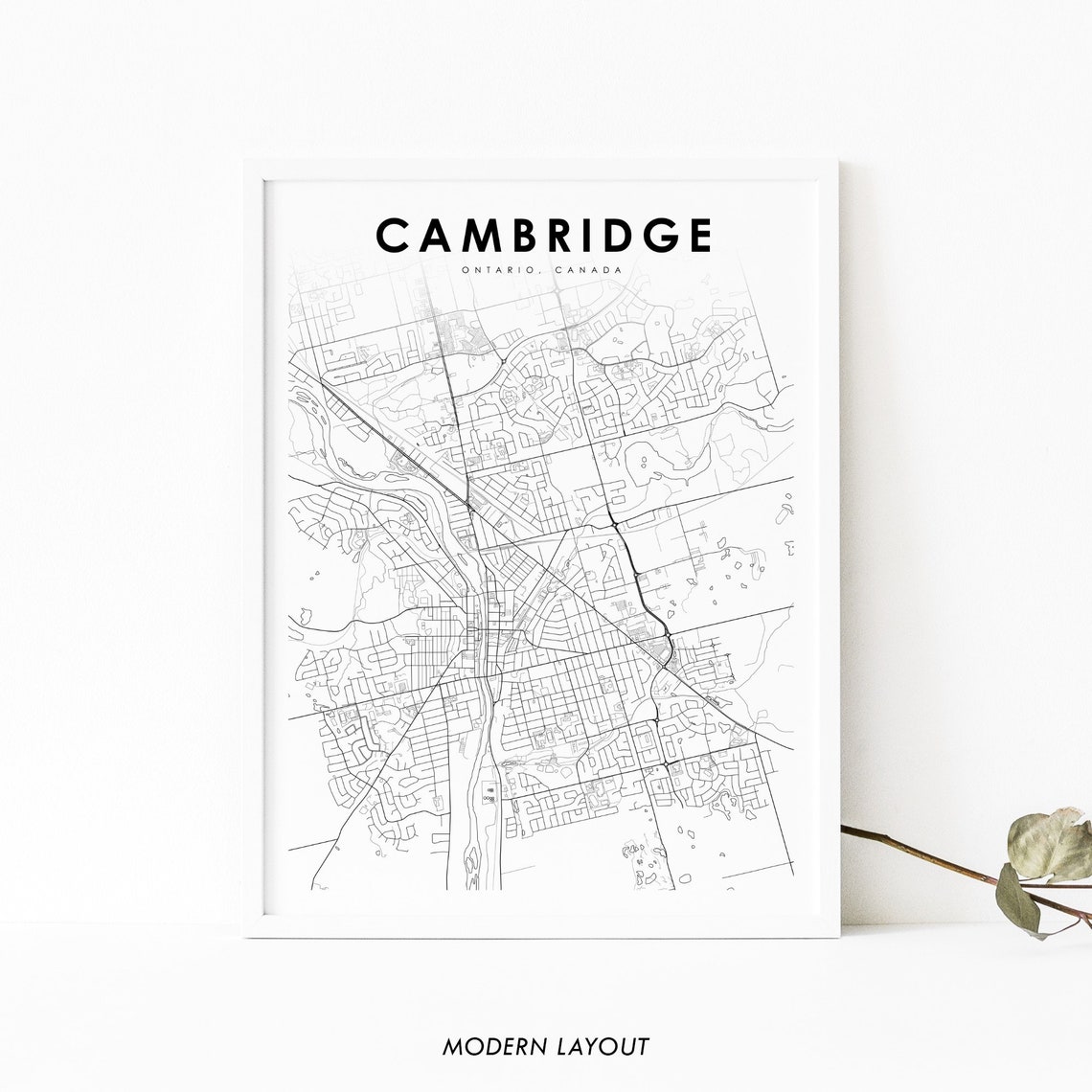 Cambridge Ontario Canada Minimalist Black and White Map Poster