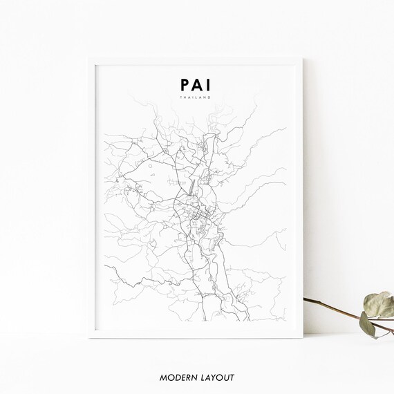 Pai Thailand Minimalist Black and White Town Street Map Art Poster