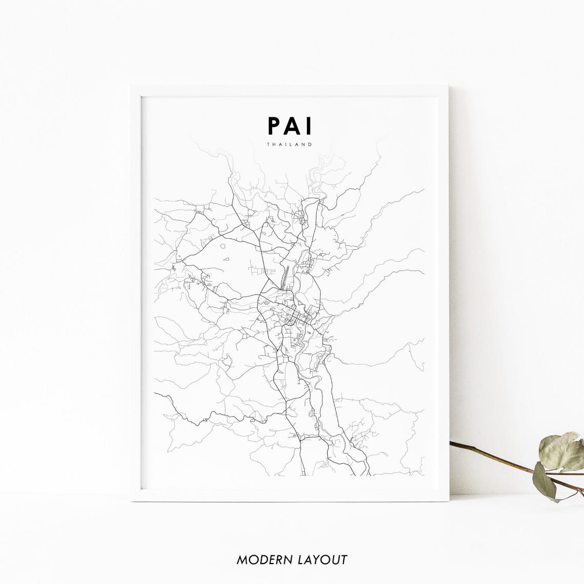 Pai Thailand Minimalist Black and White Town Street Map Art Poster