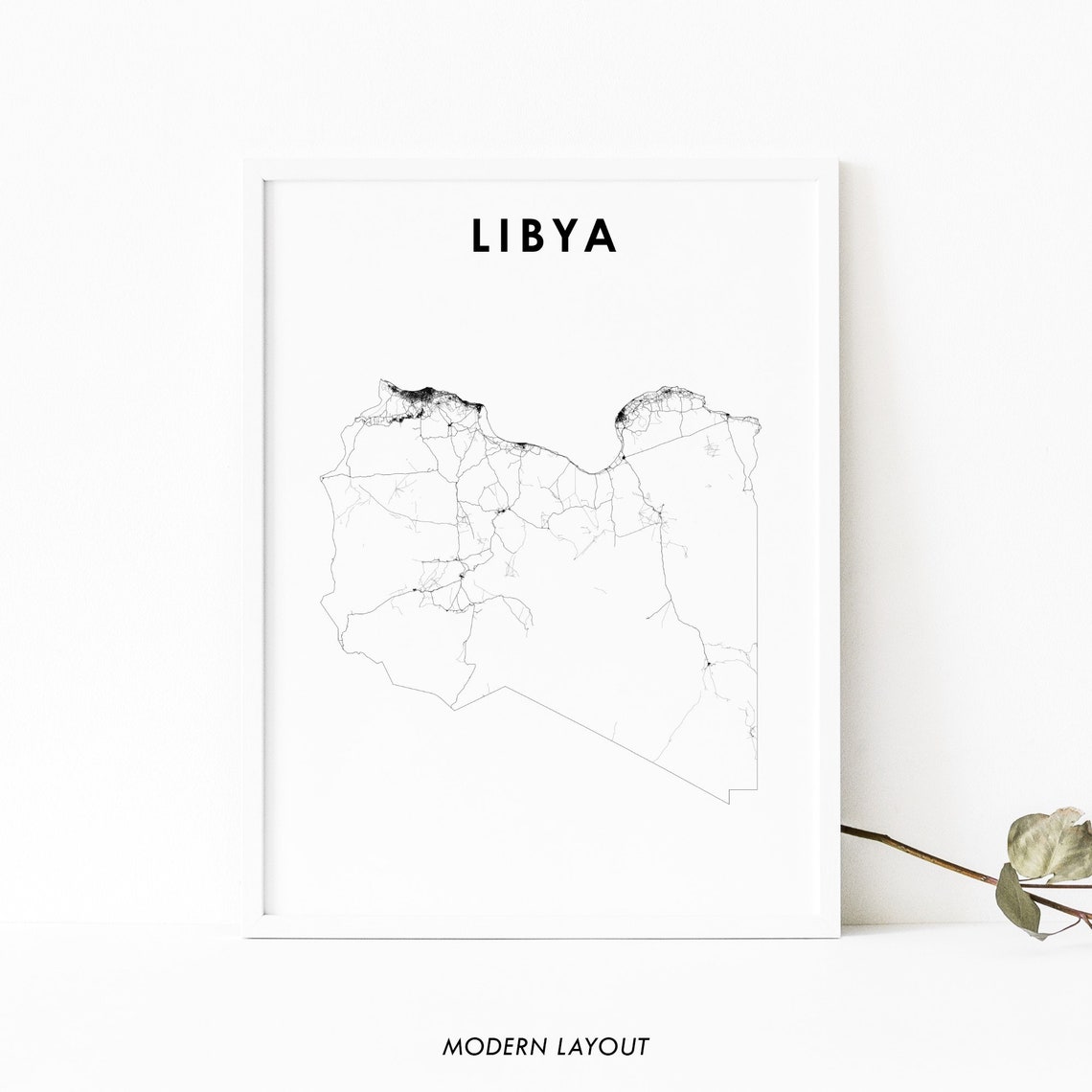 Libya Country Road Map Poster, Black and White Modern Minimalist Art