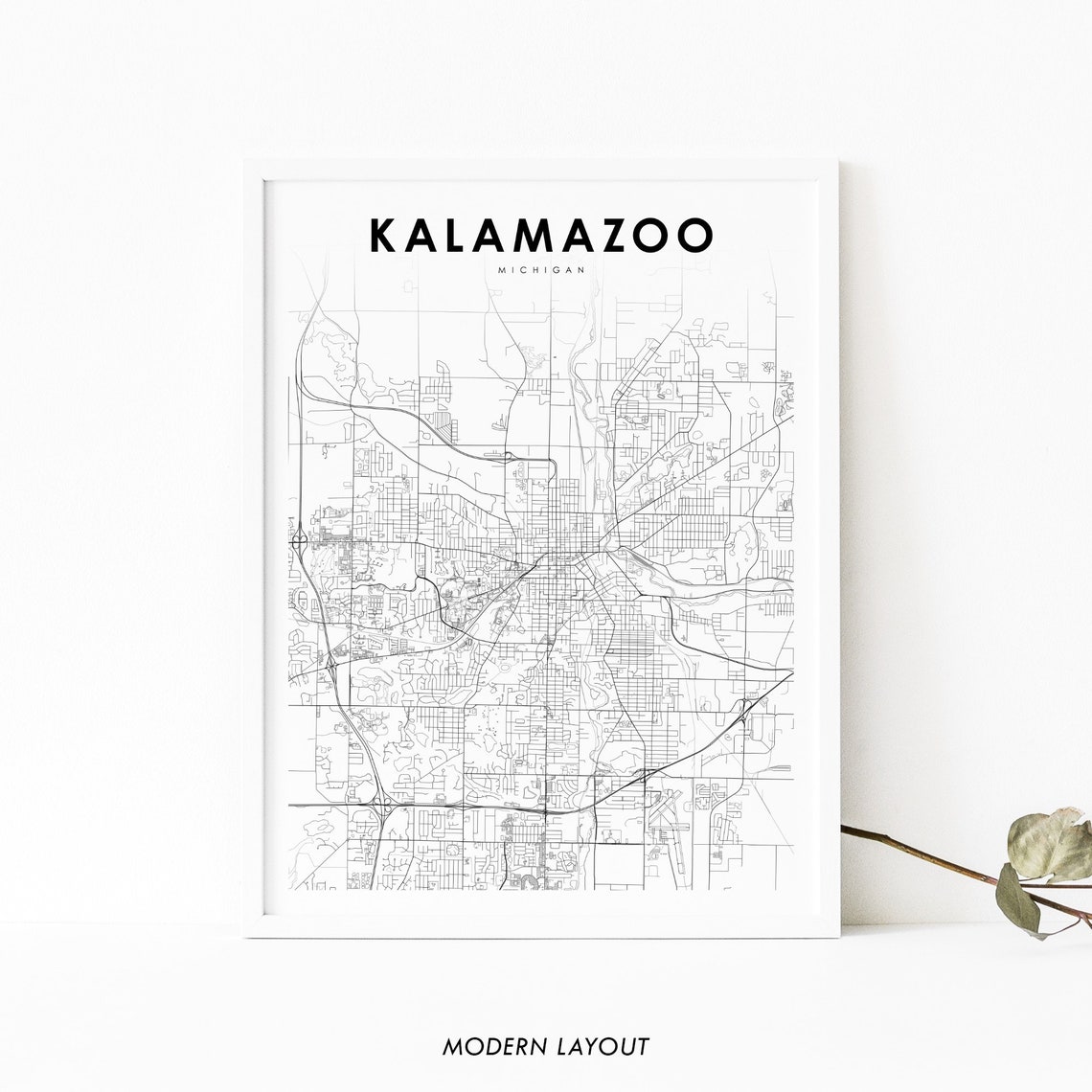 Kalamazoo Michigan City Street Map Minimalist Black White Poster