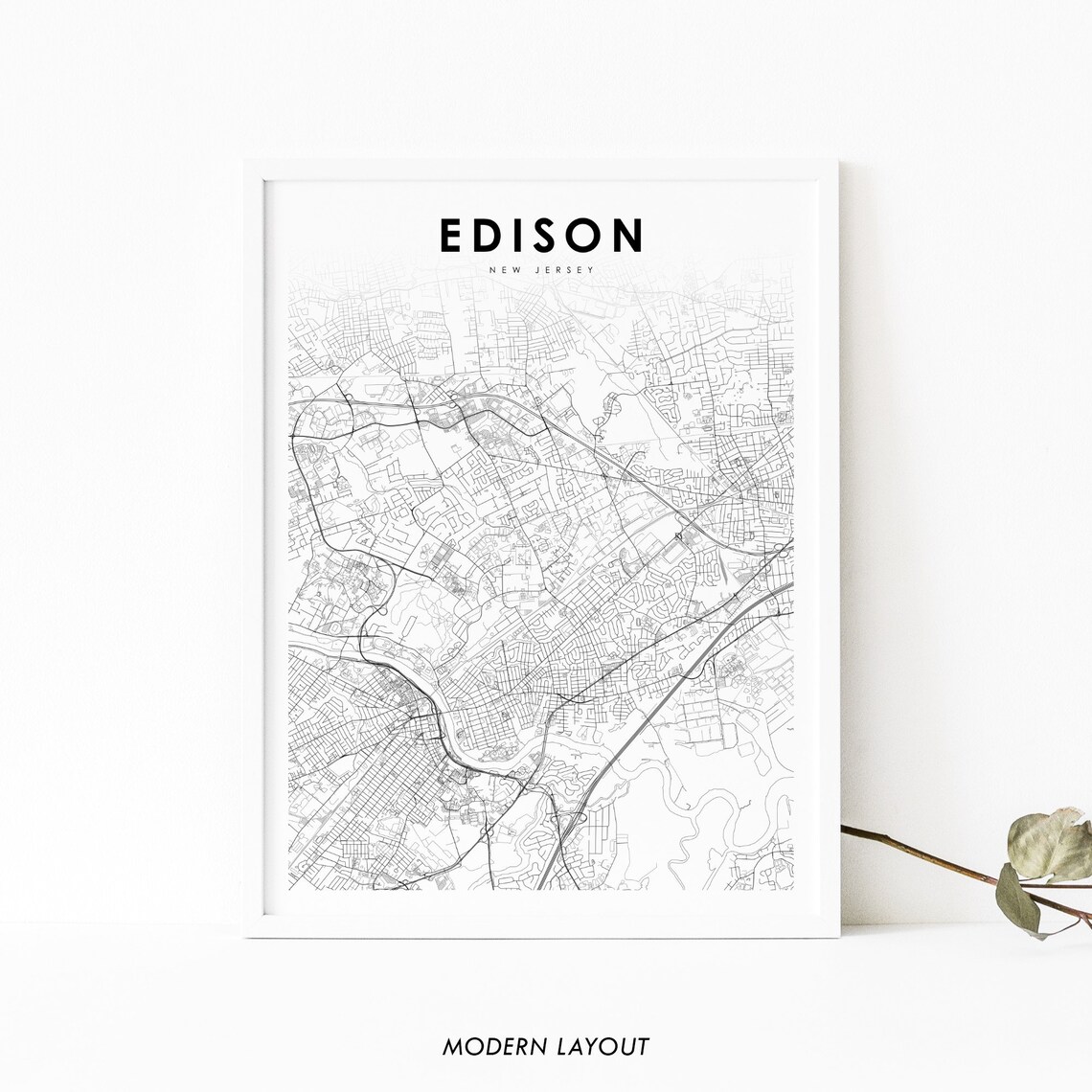 Edison New Jersey Minimalist City Street Map Black White Line Poster