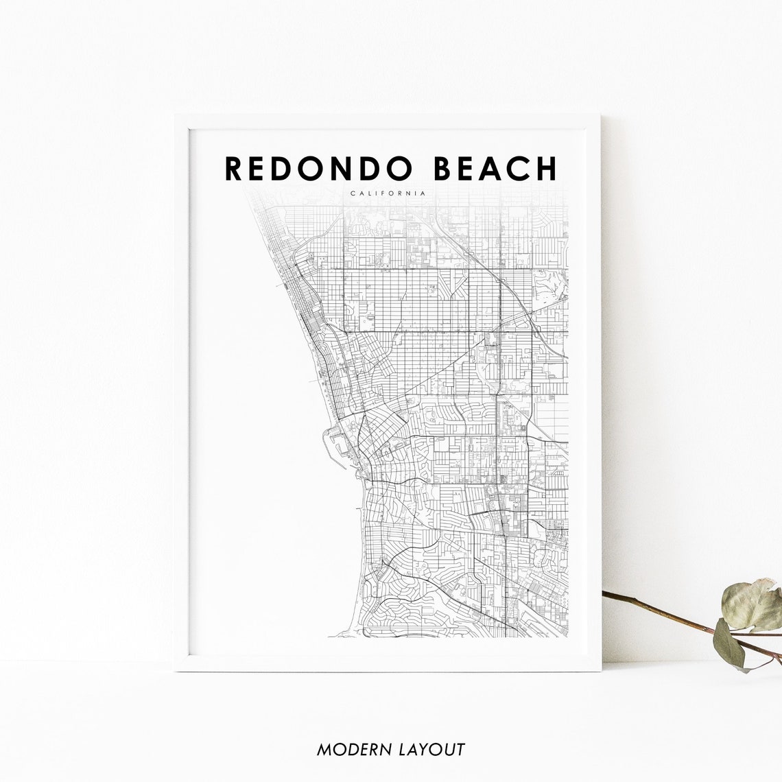 Redondo Beach California Modern Minimalist Street Map Art Poster