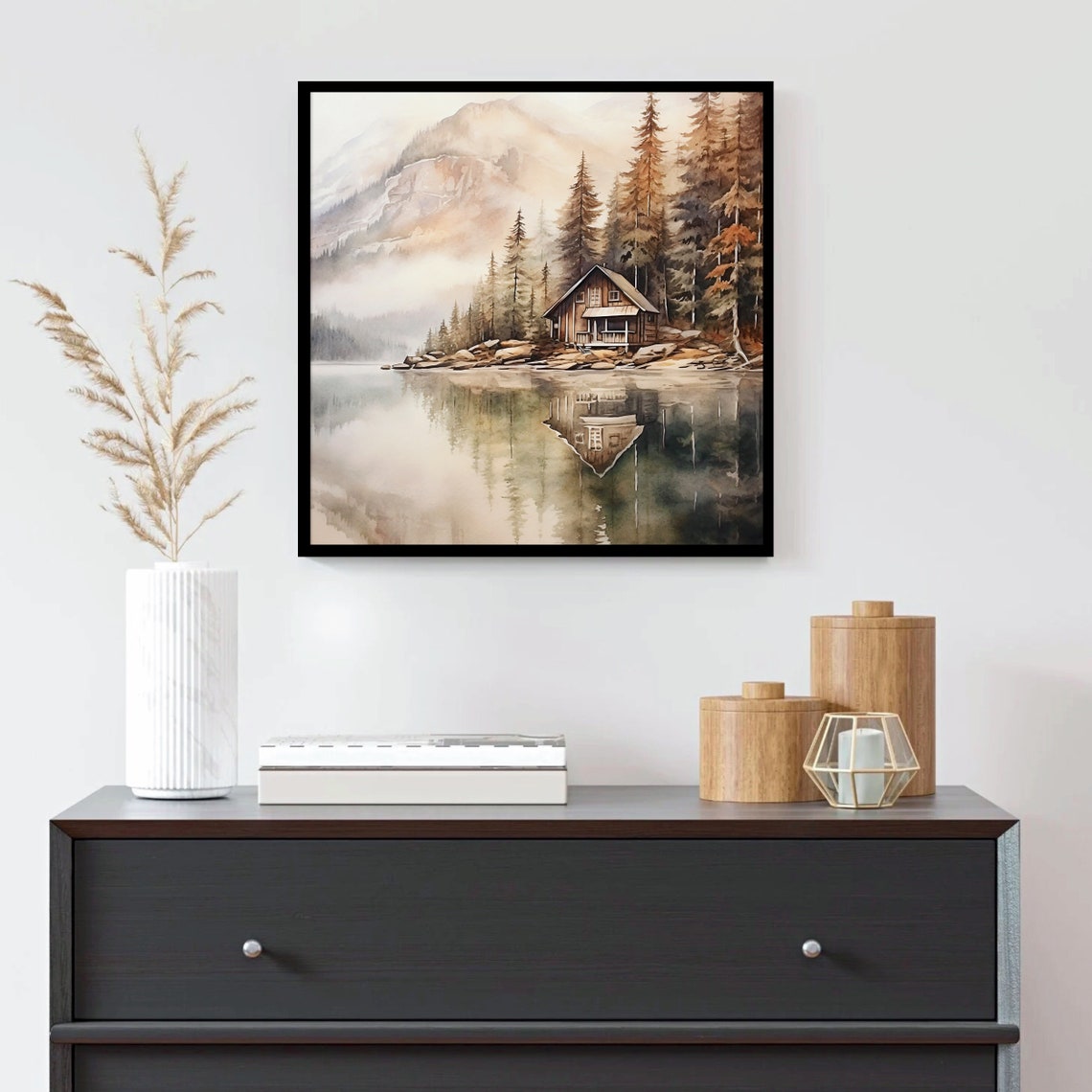 Lakeside Cabin Reflection Pine Trees Still Water Watercolor Poster - Image 4