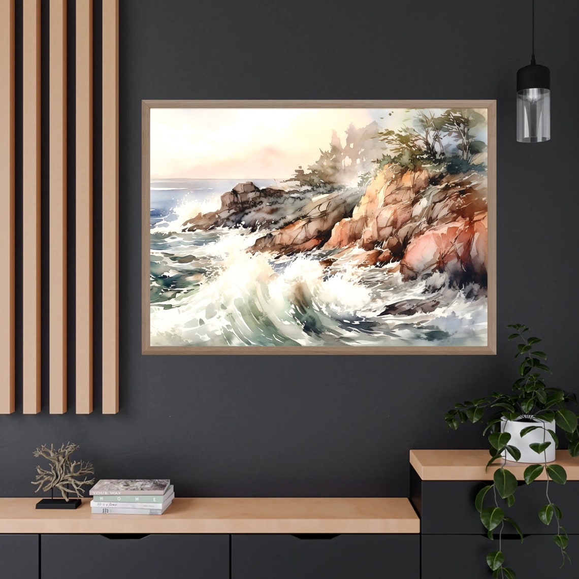 Ocean Waves Crashing Watercolor with Rocky Cliffs and Trees Poster - Image 3