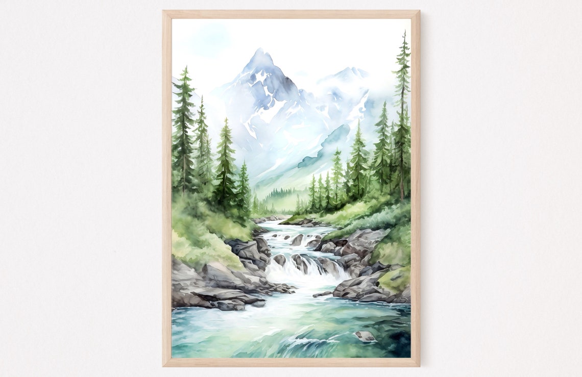 Misty Snow Capped Alpine Peak Forest River Watercolor Scenery Poster