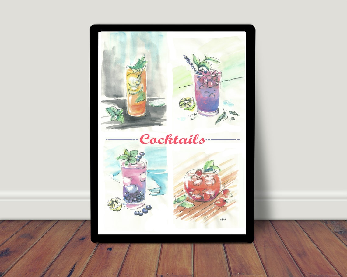 Hand Painted Cocktails Four Drink Watercolor Bar Cart Poster - Image 3