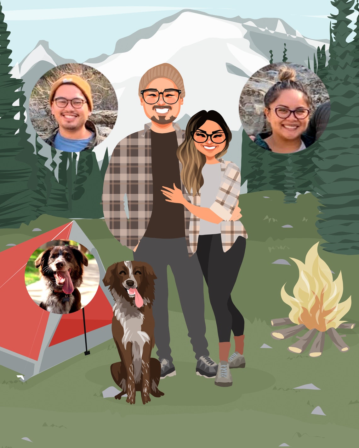 Custom Illustrated Couple Camping Portrait With Mountain Scene Poster - Image 6