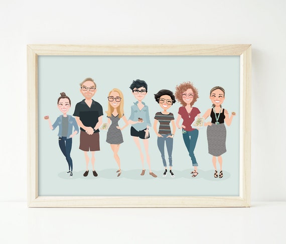 Custom Illustrated Group Portrait of Seven Friends With Treats Poster