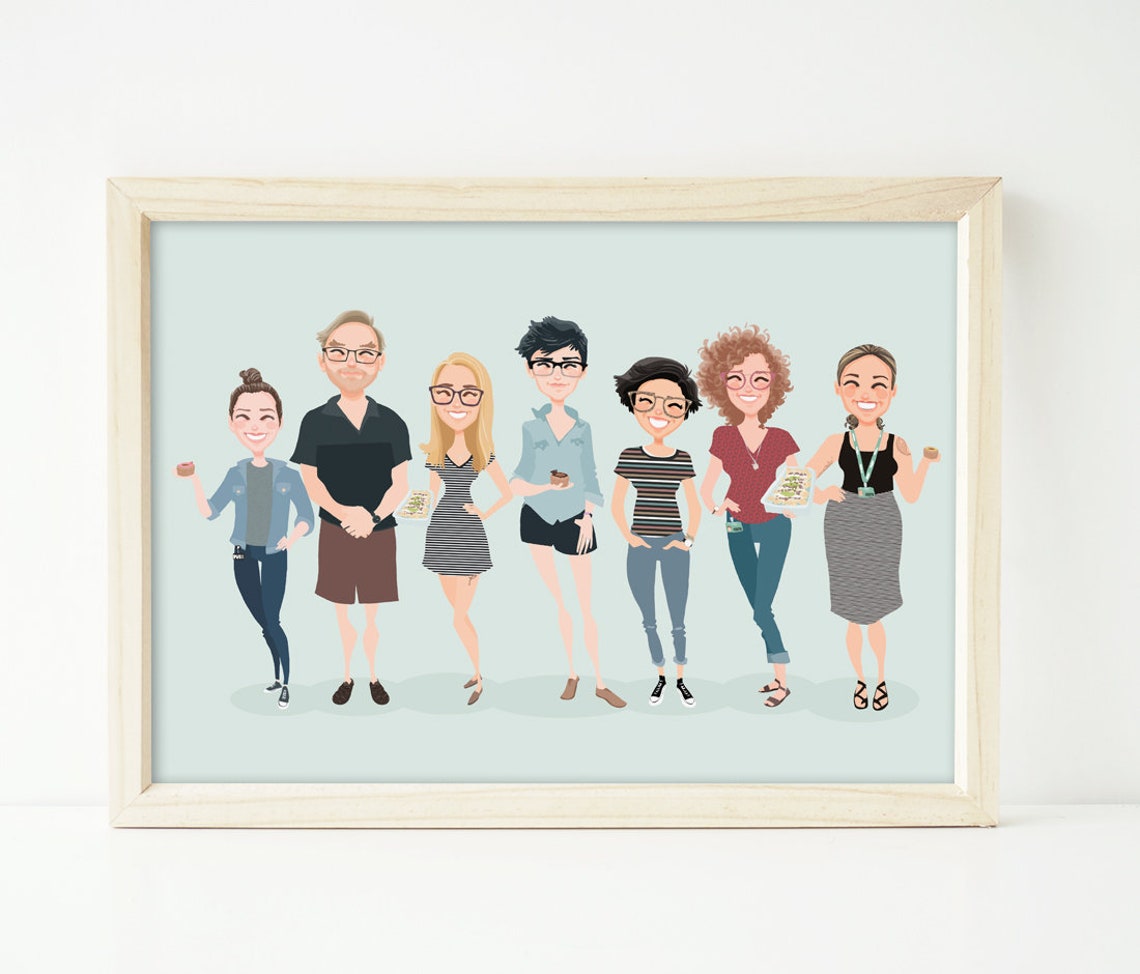 Custom Illustrated Group Portrait of Seven Friends With Treats Poster