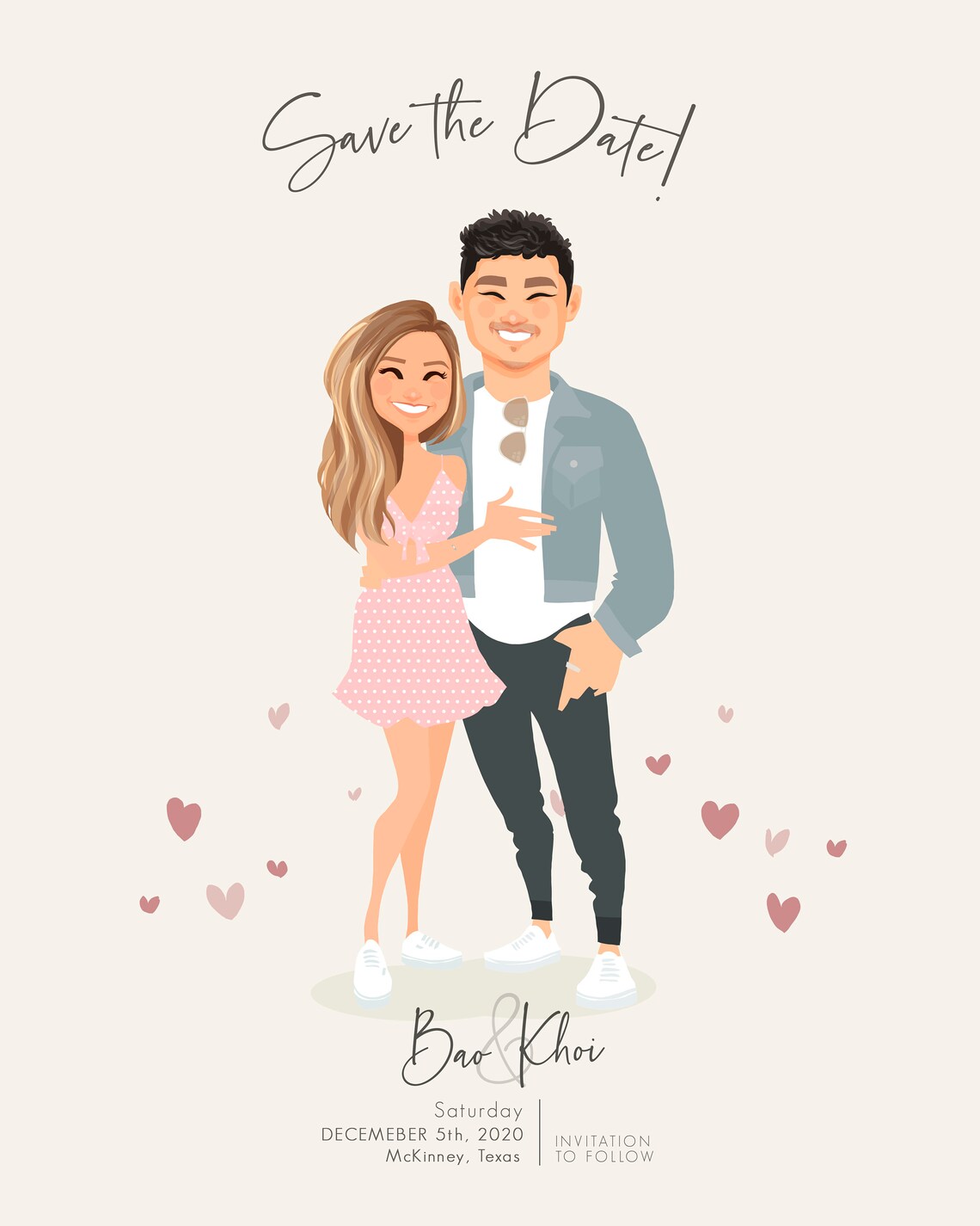 Custom Illustrated Save the Date Card for Bao and Khoi in Texas Poster - Image 6