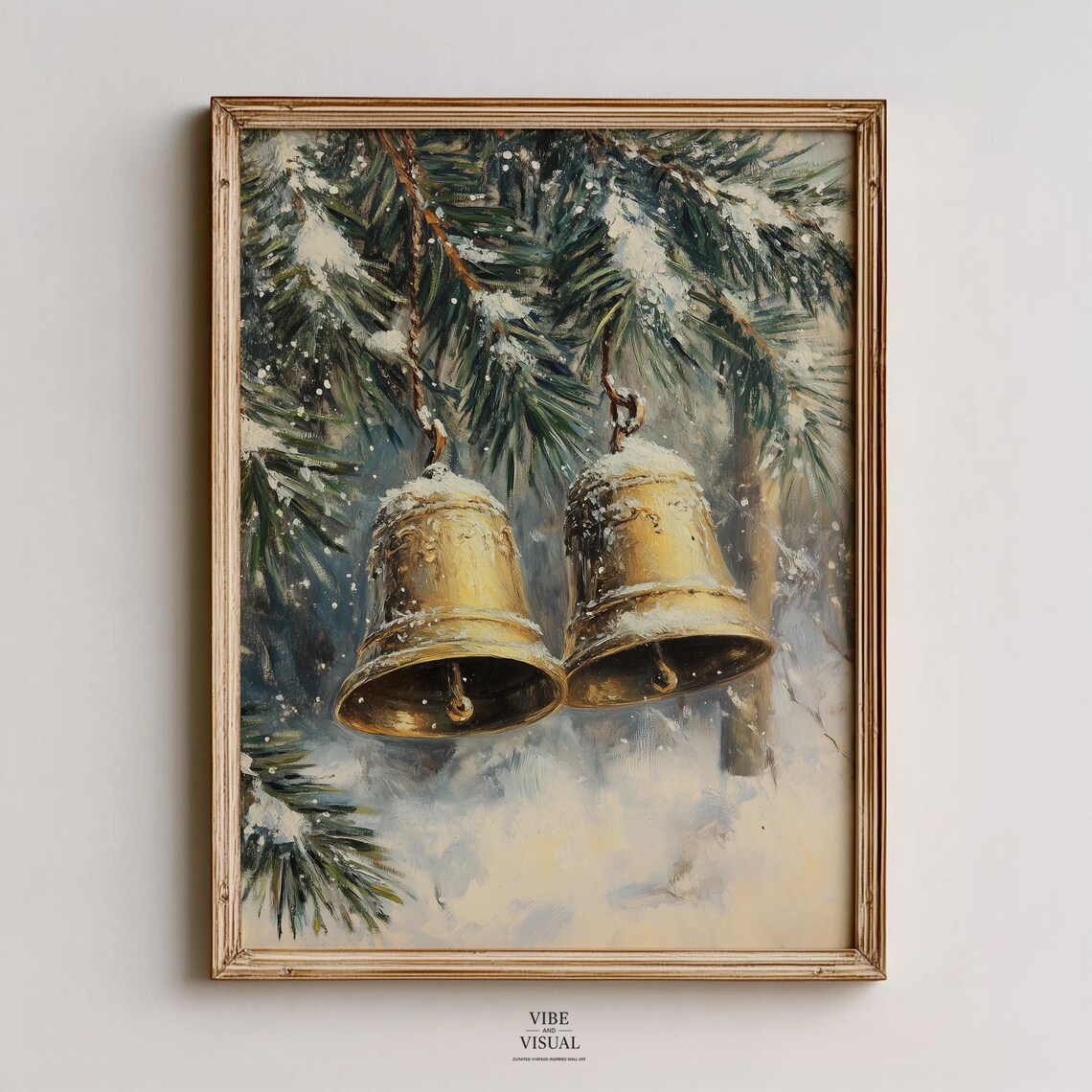 Golden Christmas Bells on Snowy Pine Branch Vintage Holiday Wall Art